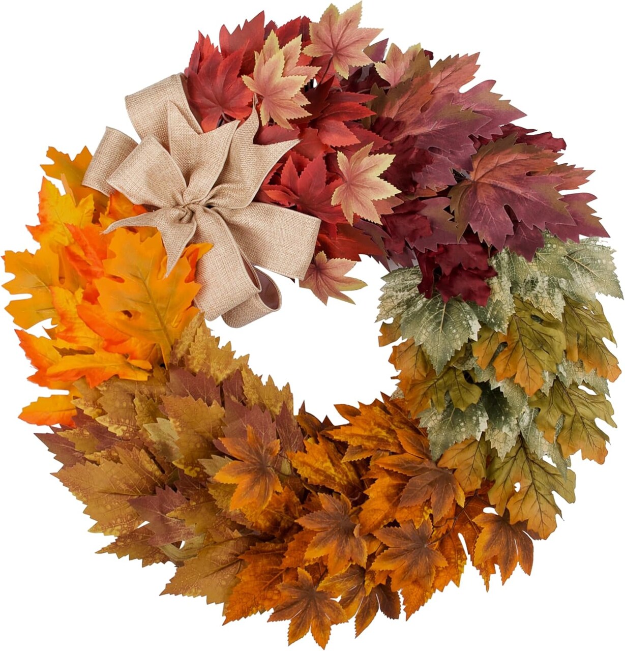 24" Fall Wreath for Front Door, Colorful Faux Maple Leaves Wreath with Burlap Bow